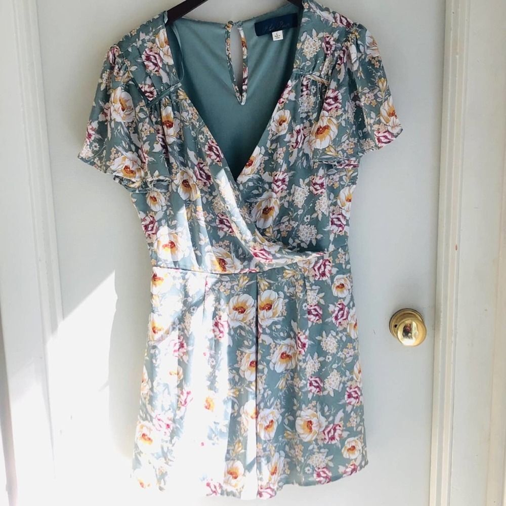 Francesca’s Collection Blue Rain, Green and Floral Flowy Romper